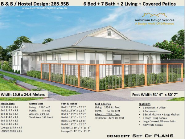 6 Bedroom 7 Bath Room Hostel Home Design:285.9 B & B Plans